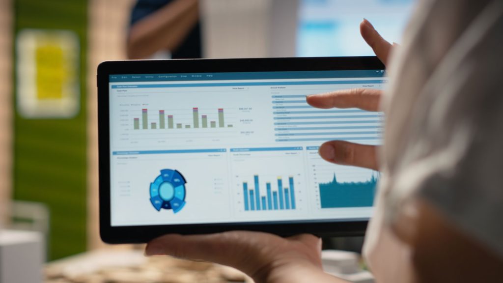 woman property engineer searching layout details laptop office web