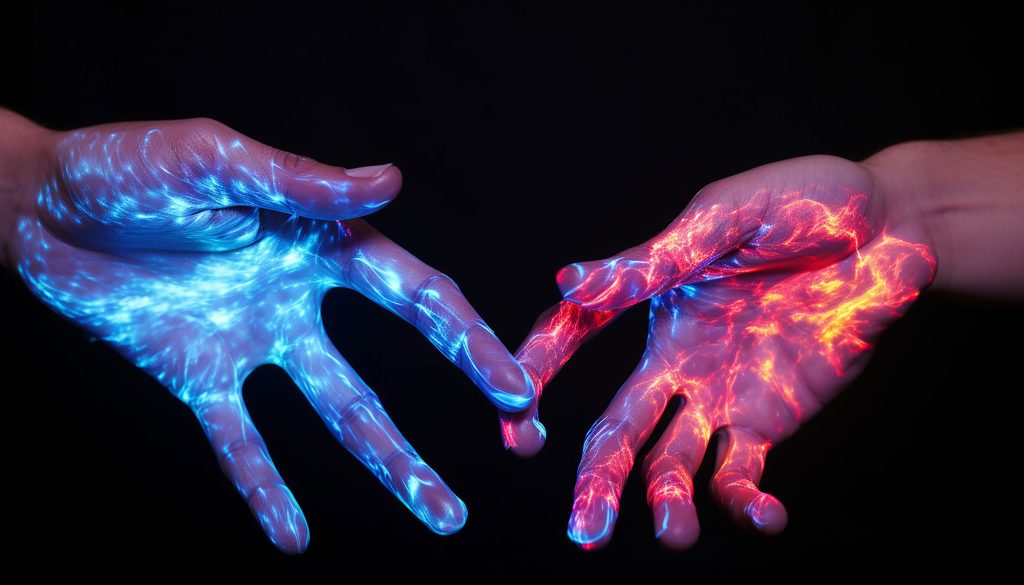 two fingertips touching made vibrant liquid plasma web